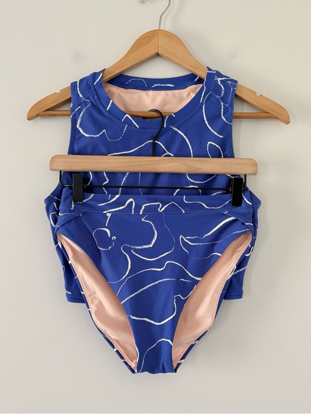 MADEWELL Tank Rashguard Crop Top and  High Rise Bikini Bottom Set Blue White S